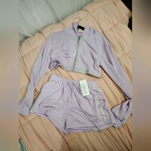 Hot & Delicious Liliac Cropped Hoodie Short Set w/ Rhinestone Side Stripe Size L